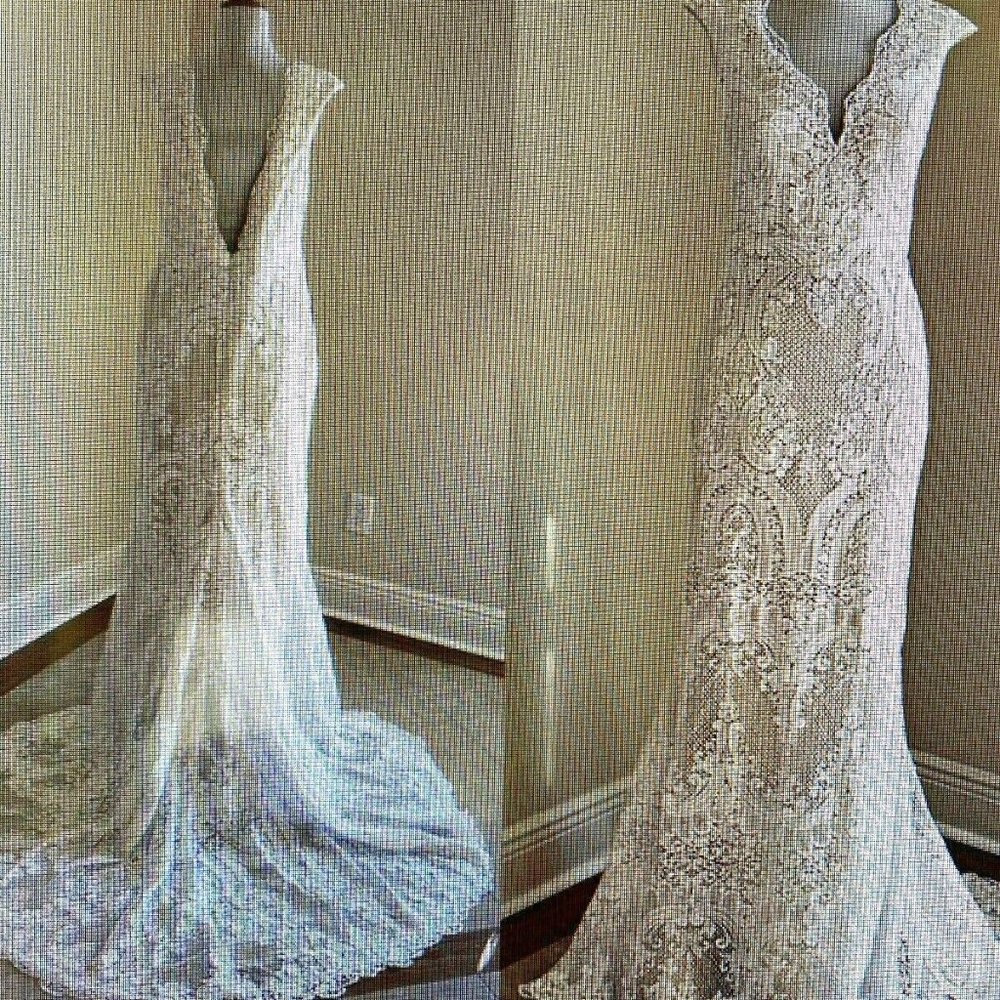 Custom, off-white, lace, wedding dress, size 12, street size L